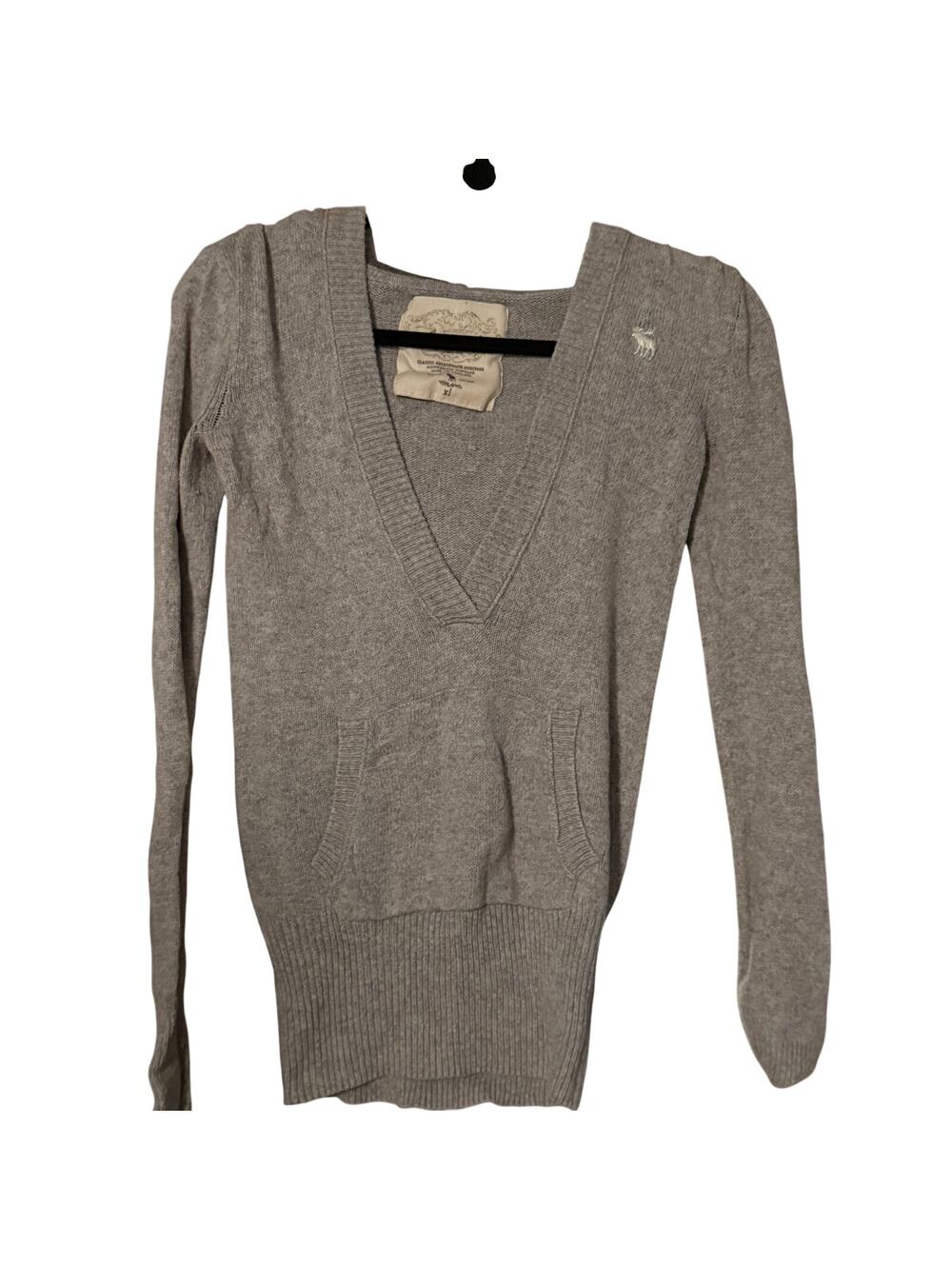 Abercrombie & Fitch Gray Knit Hooded  Women's XL V-Neck Long Sleeve Pullover